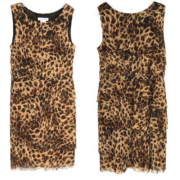 New Kay Unger Tiered Ruffle Mesh Leopard Pattern Sleeveless Dress Large - Picture 8 of 16